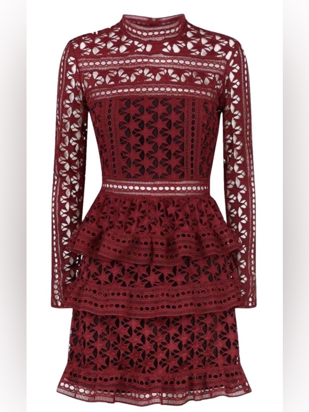Self-Portrait Burgundy Lace Long-Sleeve Mini Dress